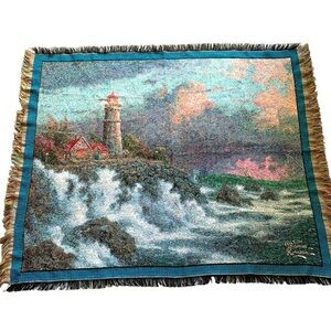 VTG Thomas Kinkade Lighthouse Ocean Wall Tapestry Blanket Fall's Cottage 48"X60"